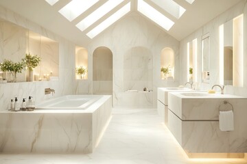 A spacious bathroom with double marble vanities, a luxurious soaking tub, and a bright atmosphere created by skylights