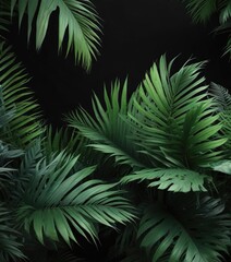Fototapeta premium Tropical palm leaves in vibrant shades of green on black, vibrant, jungle