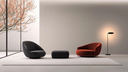 Modern living room with a minimalist design. the room has a white floor and a large window on the left side, allowing natural light to enter the space.