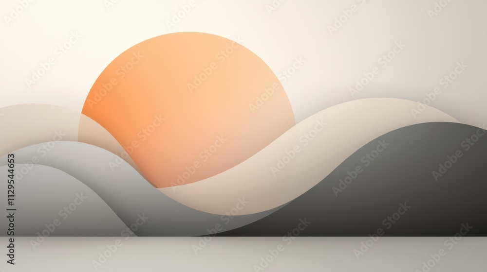 Poster abstract graphic design with a white background. it features a large orange circle in the center, wh