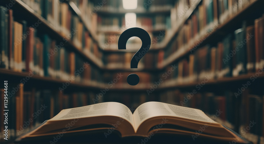 Poster Open book in a library with a question mark symbolizing curiosity and learning in a quiet space