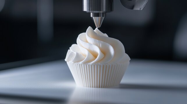 Close-up of a cupcake with white frosting on top. the cupcake is placed on a white surface and is being piped with a cnc (computer numerical control) machine.