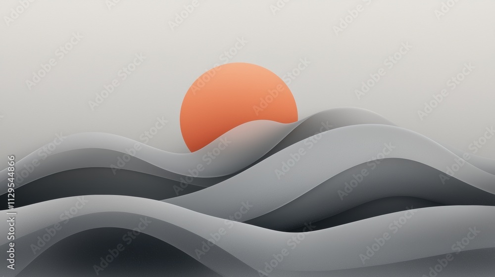 Aufkleber Abstract digital illustration of a sunset. the background is a light grey color with a gradient effect. in the center of the image, there is a large orange circle that is slightly tilted to the right.