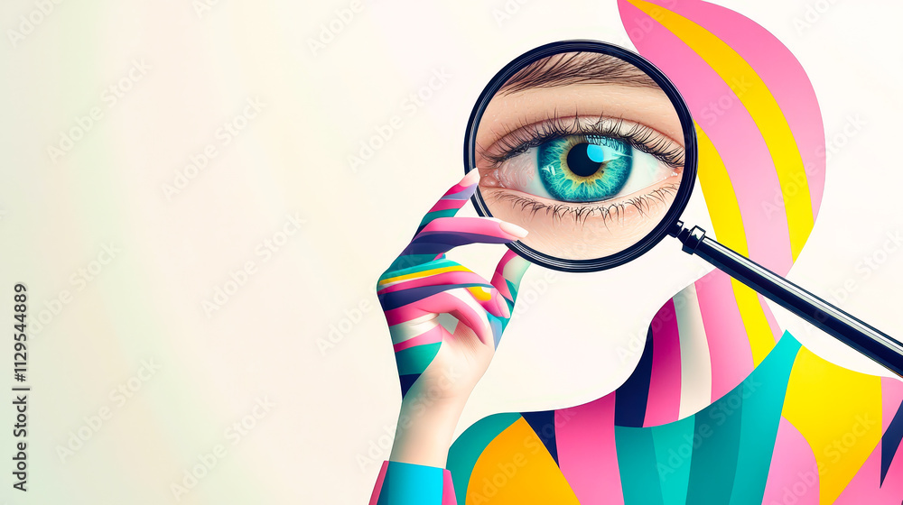 Poster creative exploration of an eye through colorful abstract art and magnifying glass