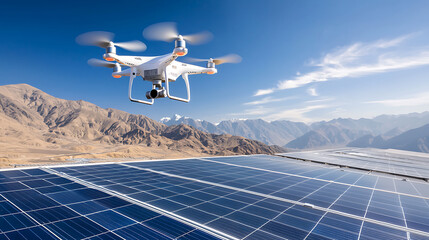 drone hovers over large solar farm with mountains in background, showcasing renewable energy technology and innovation