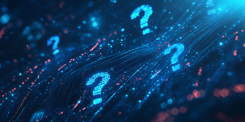 Digital abstract representation of question marks illuminated in vibrant colors flowing through a dark background