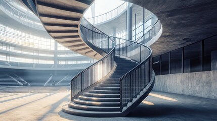 A spiral staircase in a stadium with metal mesh railings, concrete steps, and industrial design elements creating a modern, functional aesthetic