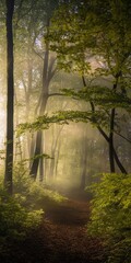 Obraz premium Sunlight filters through lush forest creating a serene and enchanting path in the morning mist.