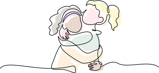 Two cute girls, friends or sisters, are hugging each other. Continuous one line drawing