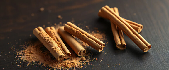 Aromatic Cinnamon Sticks and Ground Powder on Dark Rustic Surface