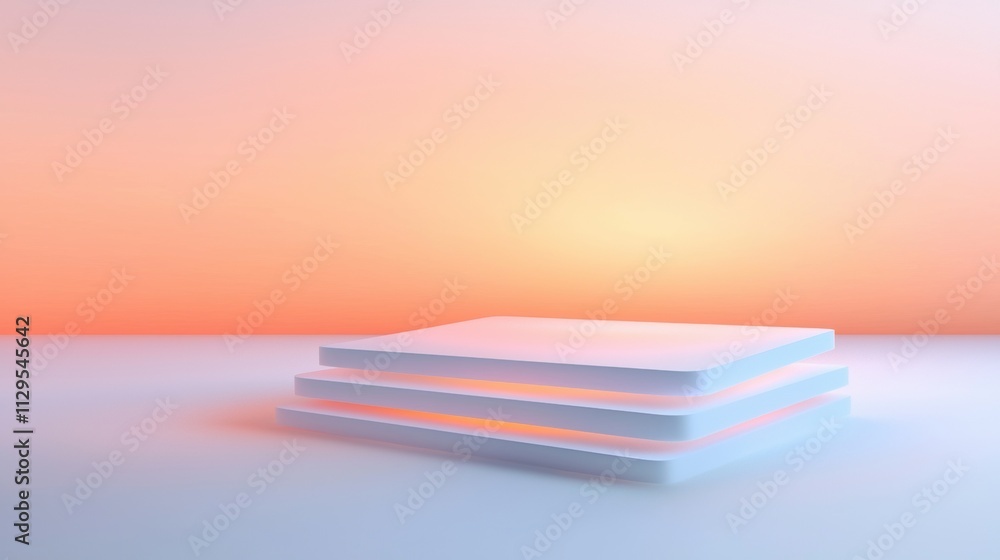 Poster 3d rendering of a stack of three white cubes on a light blue surface. the cubes are arranged in a ho
