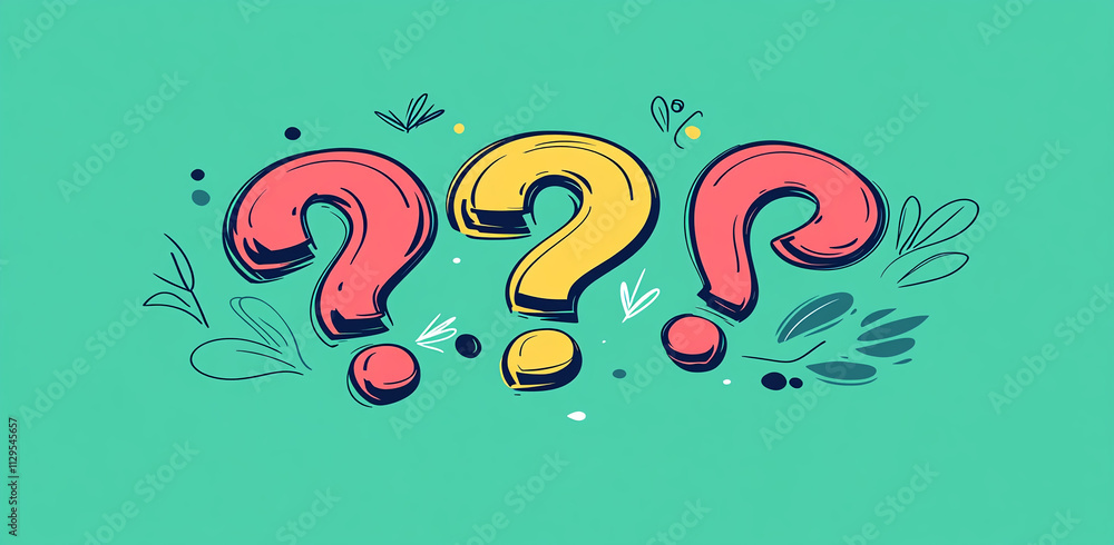 Poster colorful question marks surrounded by leaves and flowers on a vibrant background inviting curiosity 