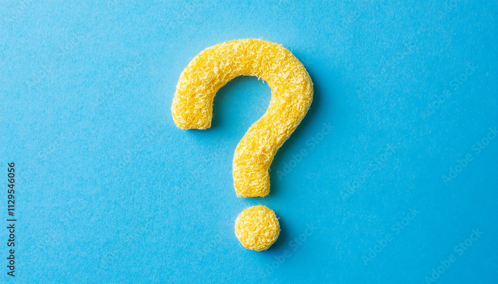 Poster bright yellow question mark symbol on a blue background representing curiosity and inquiry