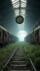 Obraz premium An eerie scene of abandoned train cars in a foggy warehouse, featuring a hanging clock. Evokes nostalgia and the passage of time.