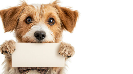 Adorable dog wearing bowtie, holding blank card with curious expression