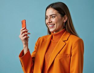 Happy gen z woman holding a phone in a vibrant orange monochromatic setting with a blue background, capturing modern and cheerful vibes.