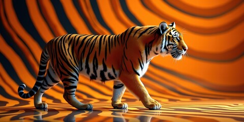 A striking 3D rendering of a tiger walking gracefully against a vibrant orange and black striped background, showcasing the beauty of wildlife and artistic design.