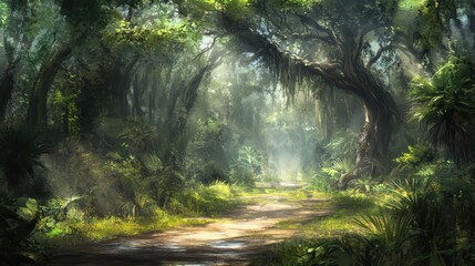 A serene forest path illuminated by soft light, inviting exploration and tranquility.