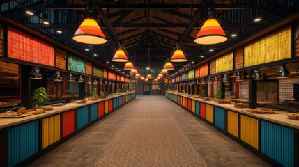 Fototapeta premium Exploring a colorful urban food market vibrant interior photography with a wide-angle view