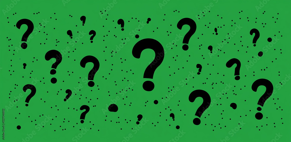 Poster Green background filled with black question marks creates a sense of curiosity and intrigue in the design