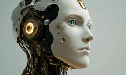 Fototapeta premium Robotic head, exposed mechanism, human-like face.