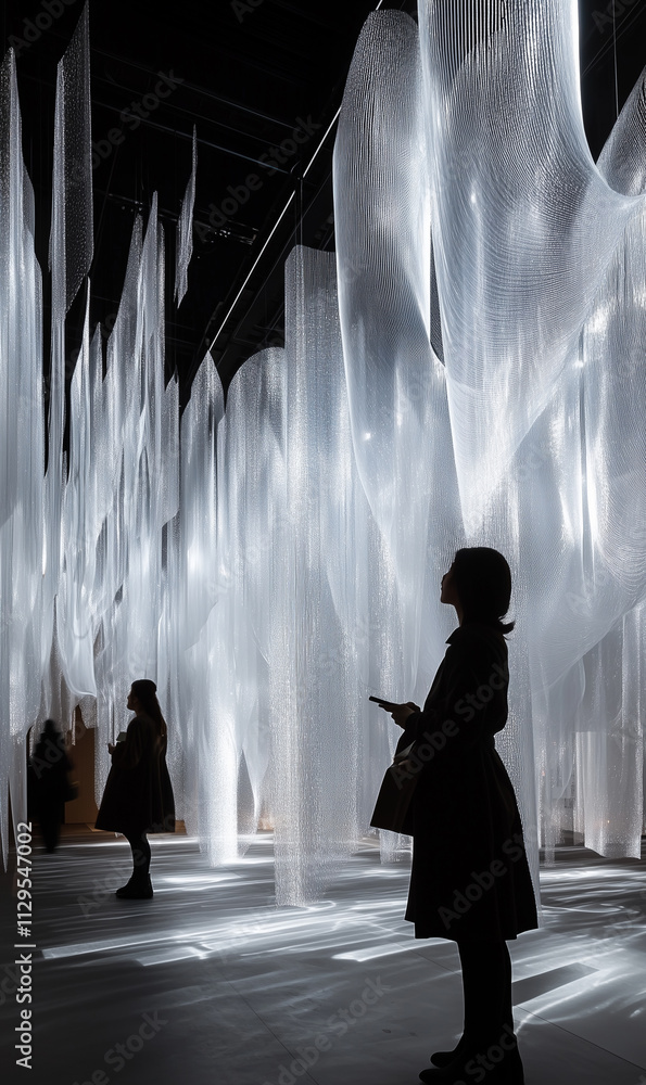Poster light streams through translucent installations in an immersive art space creating a mesmerizing atm