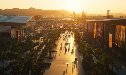 Elevated view of a vibrant crowd gathering at sunset near a convention center with distant mountains