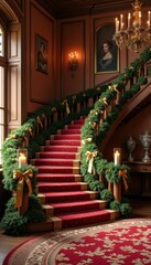 Fototapeta premium Festively adorned staircase with greenery and elegant candles, perfect for holiday decor, event planning, or seasonal marketing.