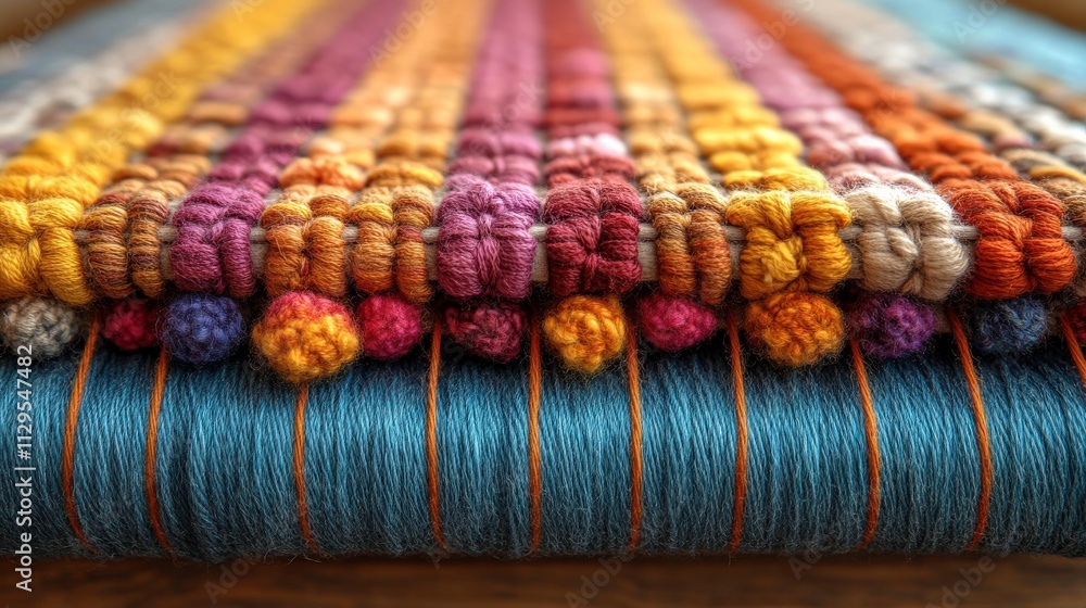 Poster vibrant textured fabric close-up with colorful yarn threads showcasing craftsmanship and material di
