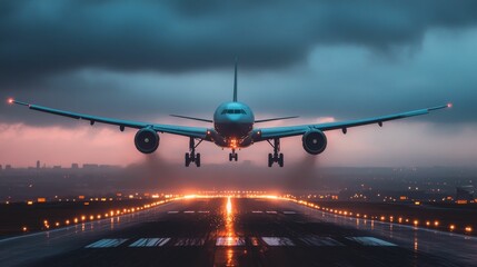 Airplane landing, runway lights, stormy night.