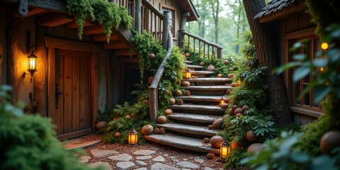 Fototapeta premium A charming woodland pathway leading to a cozy cabin, illuminated with soft lantern light, surrounded by lush greenery and rustic decor, perfect for nature-inspired projects.