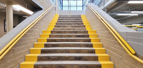 A steep staircase in a football training facility with durable stone treads, bold yellow accents, and a clean industrial aesthetic