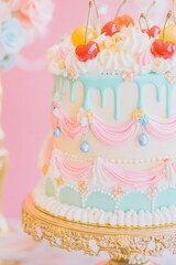 opulent rococo layered cake with buttercream frosting topped with red cherries on a pastel pink background