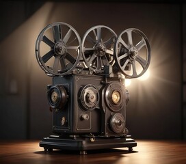 Obraz premium Vintage movie projector in dramatic spotlight, Media Industry, Old School, Projecting