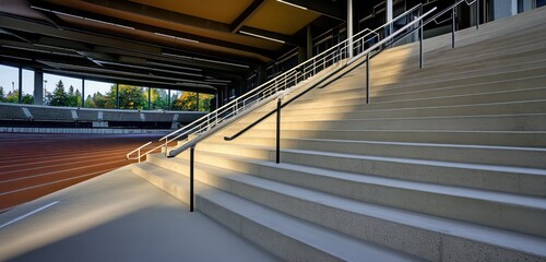 Fototapeta premium A steep staircase in a track and field stadium with textured concrete steps, safety handrails, and clean lines blending into the open-air structure
