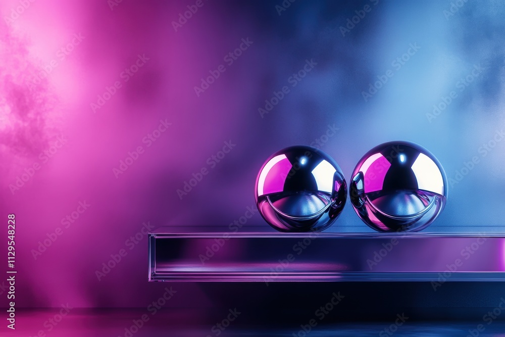 Poster futuristic interior design, a futuristic display of chrome ornaments on a clear floating shelf compl