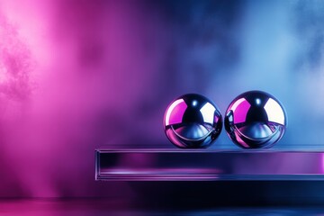 futuristic interior design, a futuristic display of chrome ornaments on a clear floating shelf complements holographic accents in a hi-tech setting text space available