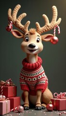 A cheerful cartoon reindeer in a cozy sweater, surrounded by festive presents and ornaments, perfect for holiday-themed projects and marketing.