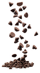 A visually stunning image of chocolate chips in motion, isolated on a white background with full depth of field and transparency.