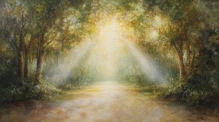 Obraz premium A serene forest scene illuminated by soft sunlight, creating a tranquil atmosphere.