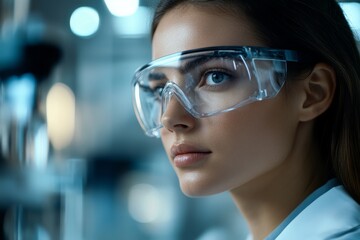 Young scientist in laboratory wearing safety goggles while conducting research and experiments