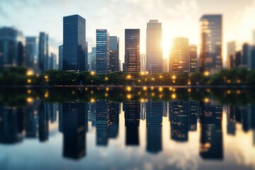 Fototapeta premium Skyline reflects in calm water during sunset in an urban setting with modern skyscrapers illuminating the evening sky
