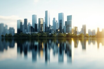 Fototapeta premium City skyline reflects on calm water at sunrise with vibrant light illuminating the modern buildings
