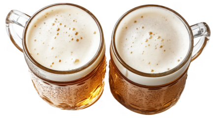 Two mugs of beer with foam on top