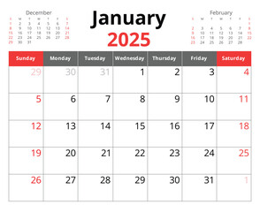 2025 january calendar. A vector English monthly calendars. Design Sunday start