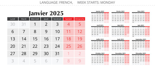 2025 year french calendar. Vector illustration set for France - calendrier. 12 pages for months