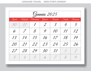 Italian calendar for January 2025 - calendario Gennaio. Winter month paper page. Vector illustration design Italy
