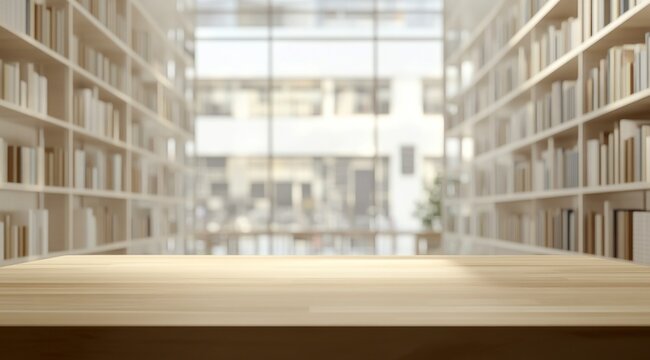 Un comptoir en bois vide &agrave; l'int&eacute;rieur d'une biblioth&egrave;que ou d'une m&eacute;diath&egrave;que, arri&egrave;re-plan flou pr&eacute;sentant des &eacute;tag&egrave;res de livres.