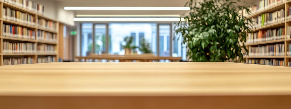 Un comptoir en bois vide &agrave; l'int&eacute;rieur d'une biblioth&egrave;que ou d'une m&eacute;diath&egrave;que, arri&egrave;re-plan flou pr&eacute;sentant des &eacute;tag&egrave;res de livres.