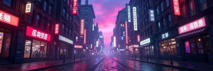 A vibrant urban street scene at dusk, illuminated by neon signs and colorful storefronts, perfect for creative projects related to nightlife, travel, and city culture.